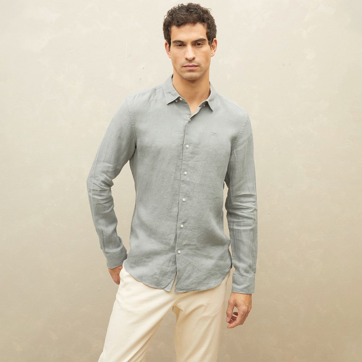 WOLF&HANK - Camisa de Lino Manga Larga Slim Fit para Hombre Wolf&Hank