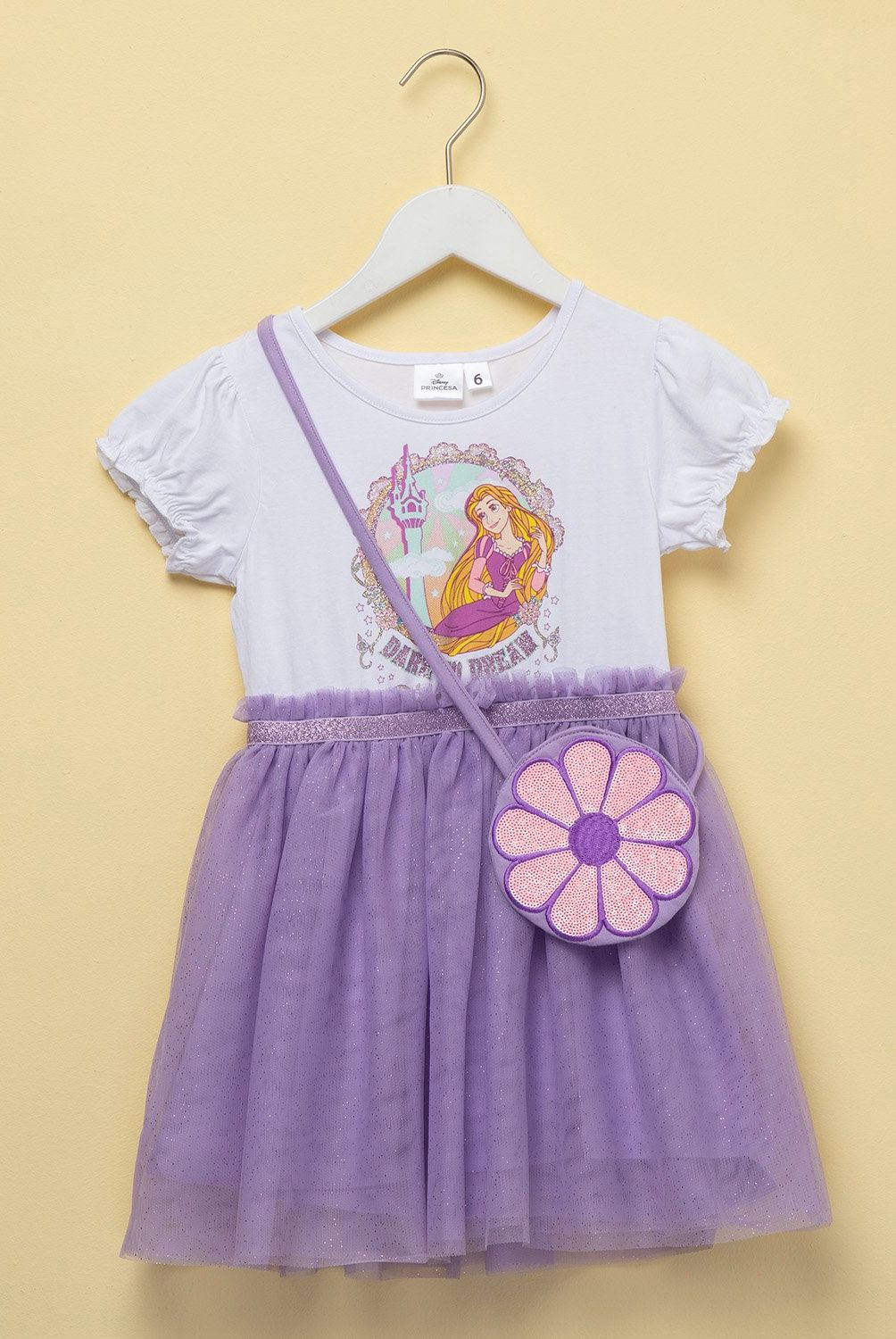 PRINCESAS - Conjunto Vestido y Cartera Princesa Rapunzel para Niña