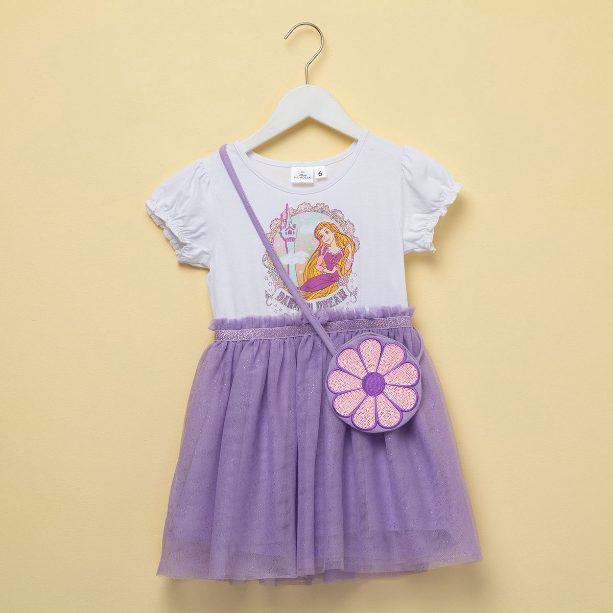 PRINCESAS - Conjunto Vestido y Cartera Princesa Rapunzel para Niña