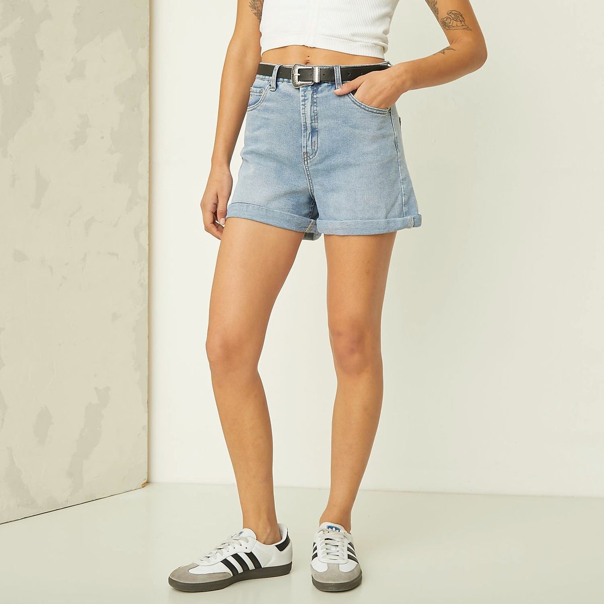 AMERICANINO - Short de jean mujer tiro alto corte americano