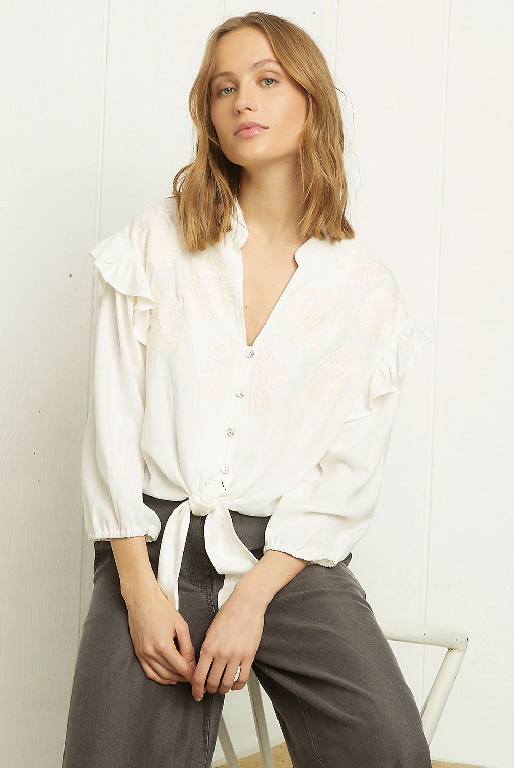 UNIVERSITY CLUB - Blusa Bordada Manga Larga Lino Mujer University Club