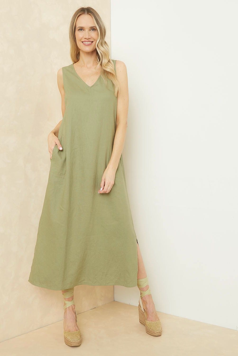 APOLOGY - Vestido Midi Sin Mangas de Lino para Mujer Apology