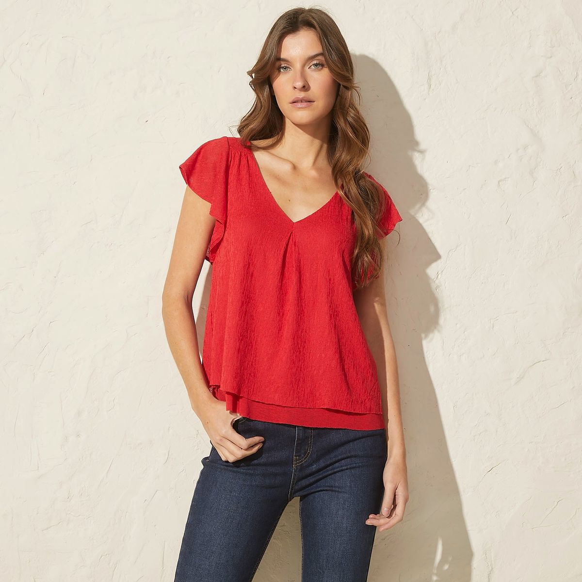 BASEMENT - Polera Basement Manga Corta Cuello V Mujer