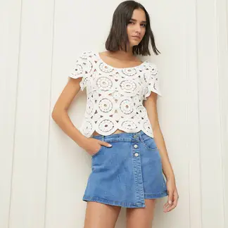 BASEMENT - Polera Crochet Manga Corta Mujer Algodón Blanca