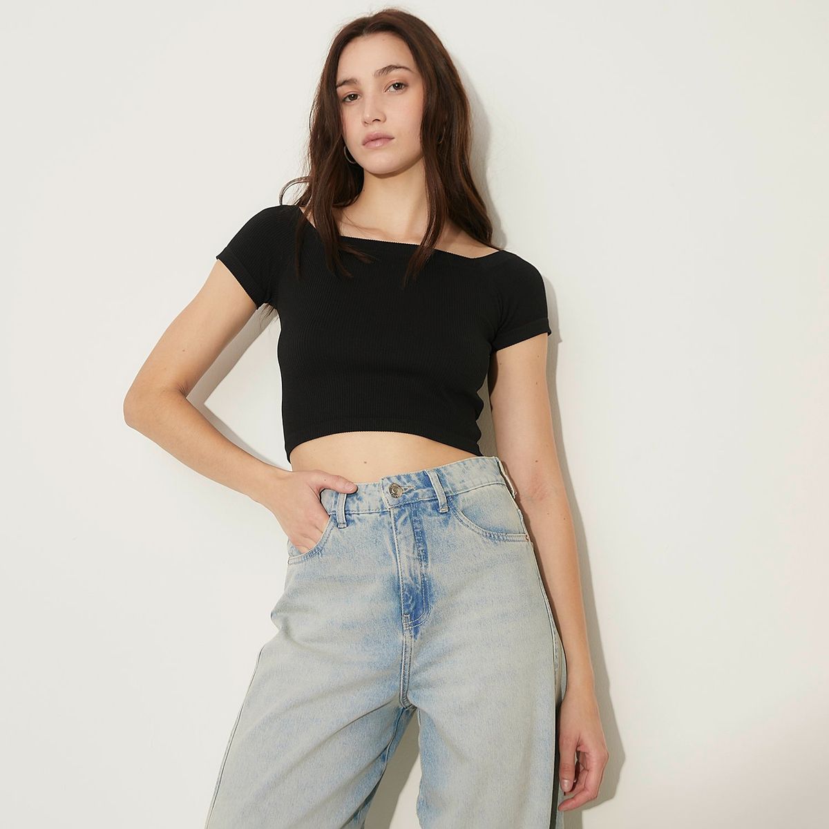 SYBILLA - Crop Top Off Shoulder Manga Corta Mujer Sybilla