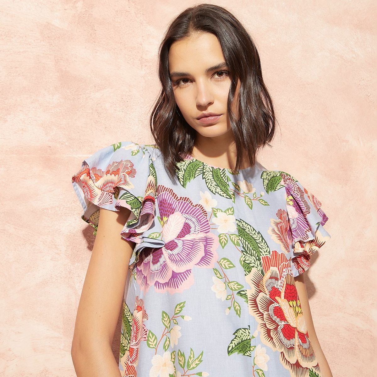 BASEMENT - Blusa Basement Lino Estampada Manga Corta Mujer