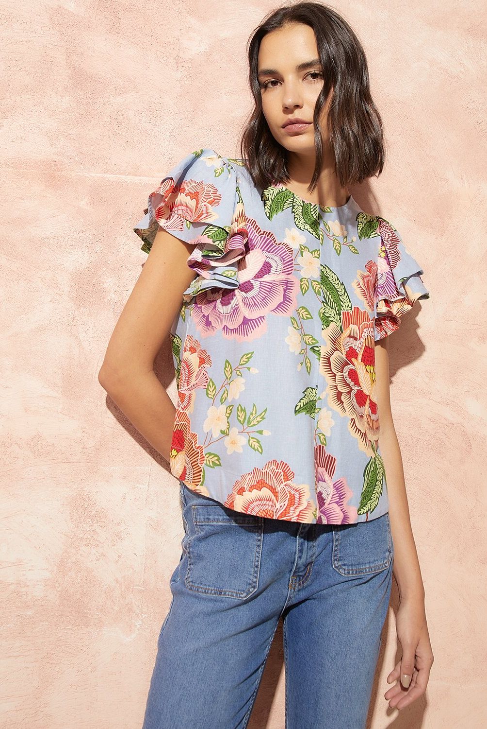 BASEMENT - Blusa Basement Lino Estampada Manga Corta Mujer