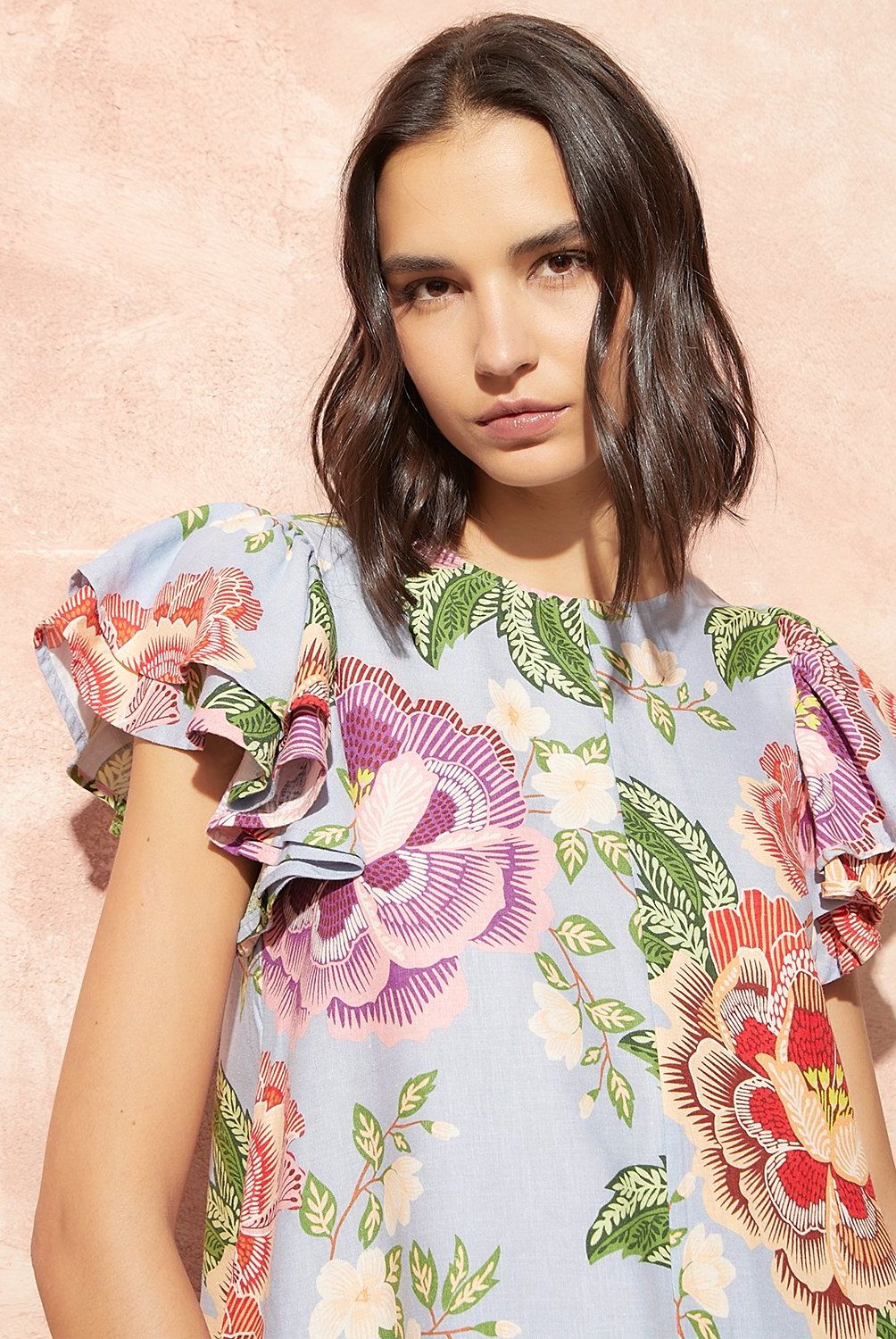 BASEMENT - Blusa Basement Lino Estampada Manga Corta Mujer