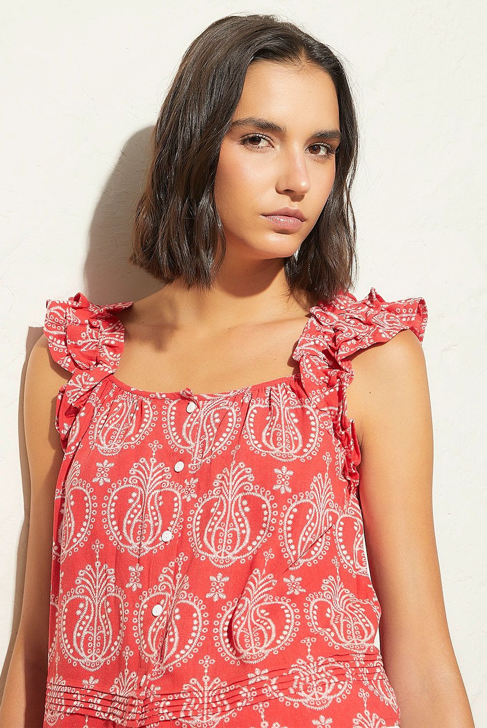 BASEMENT - Blusa Basement Mujer Manga Corta Estampada Viscosa y Lino