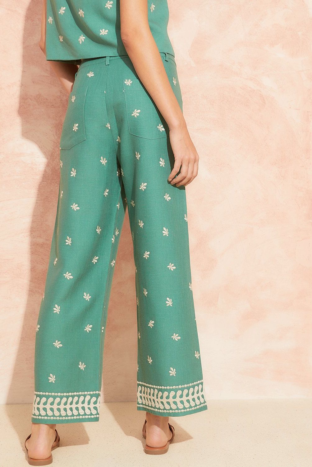 BASEMENT - Pantalón Wide Leg Bordado Tiro Alto Mujer Basement