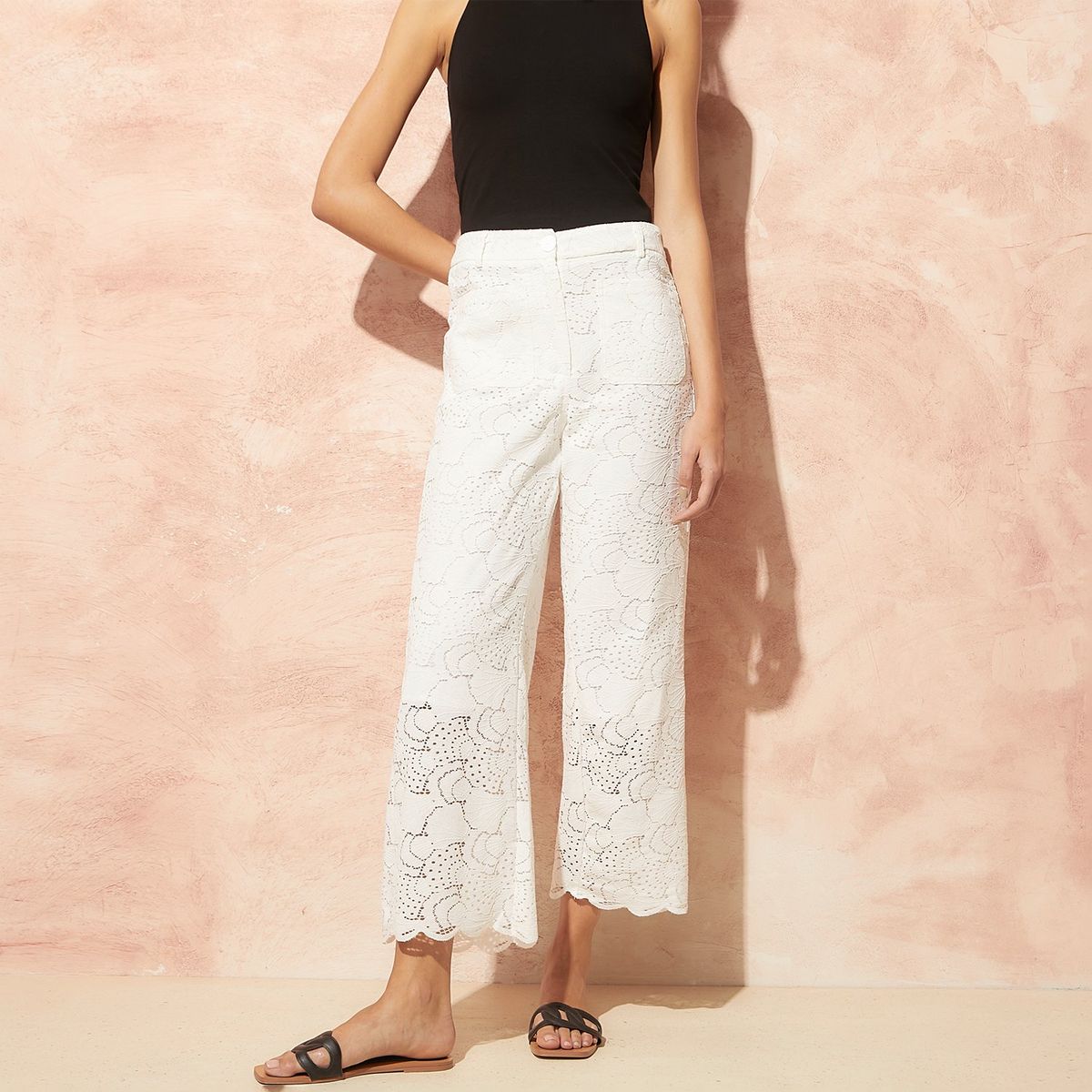 BASEMENT - Pantalón Basement Straight Broderie Tiro Alto Mujer Algodón