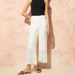 BASEMENT - Pantalón Straight Broderie Tiro Alto Mujer Algodón