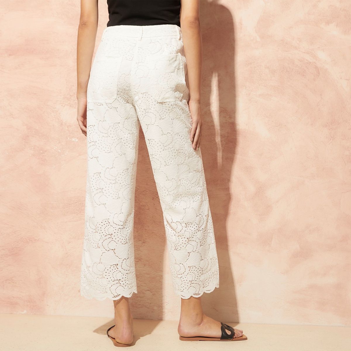 BASEMENT - Pantalón Basement Straight Broderie Tiro Alto Mujer Algodón