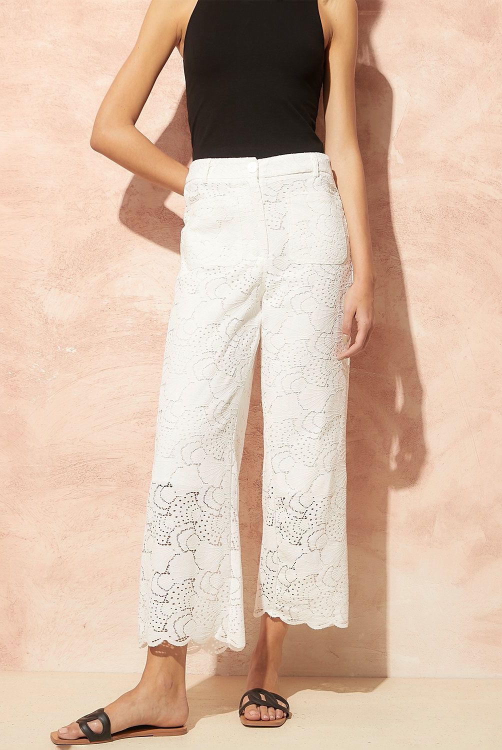 BASEMENT - Pantalón Basement Straight Broderie Tiro Alto Mujer Algodón