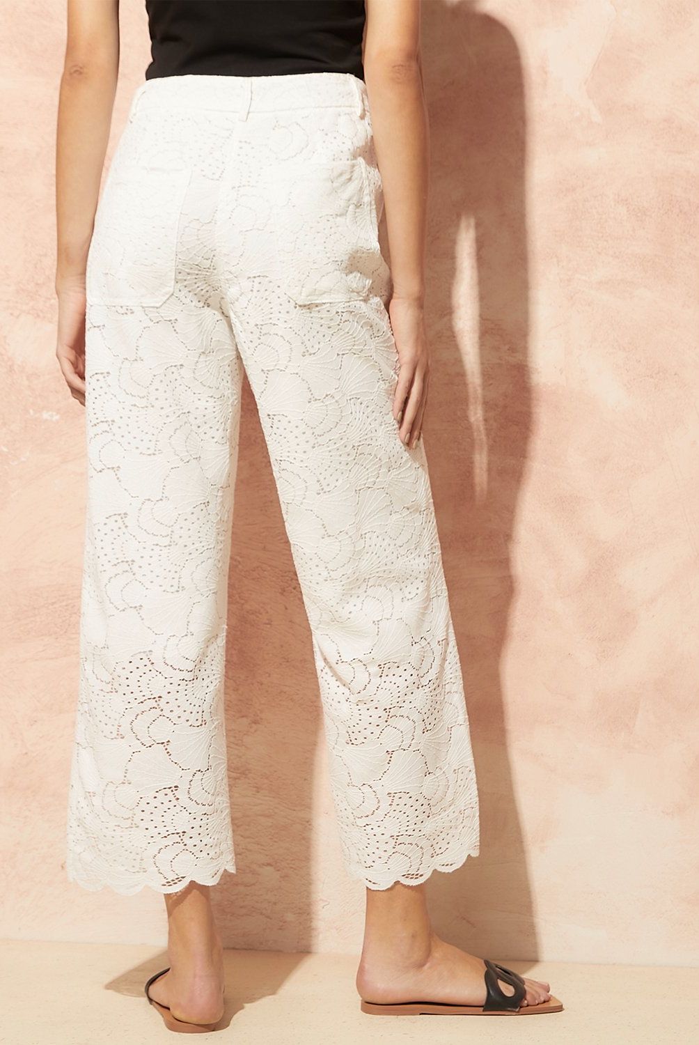 BASEMENT - Pantalón Basement Straight Broderie Tiro Alto Mujer Algodón