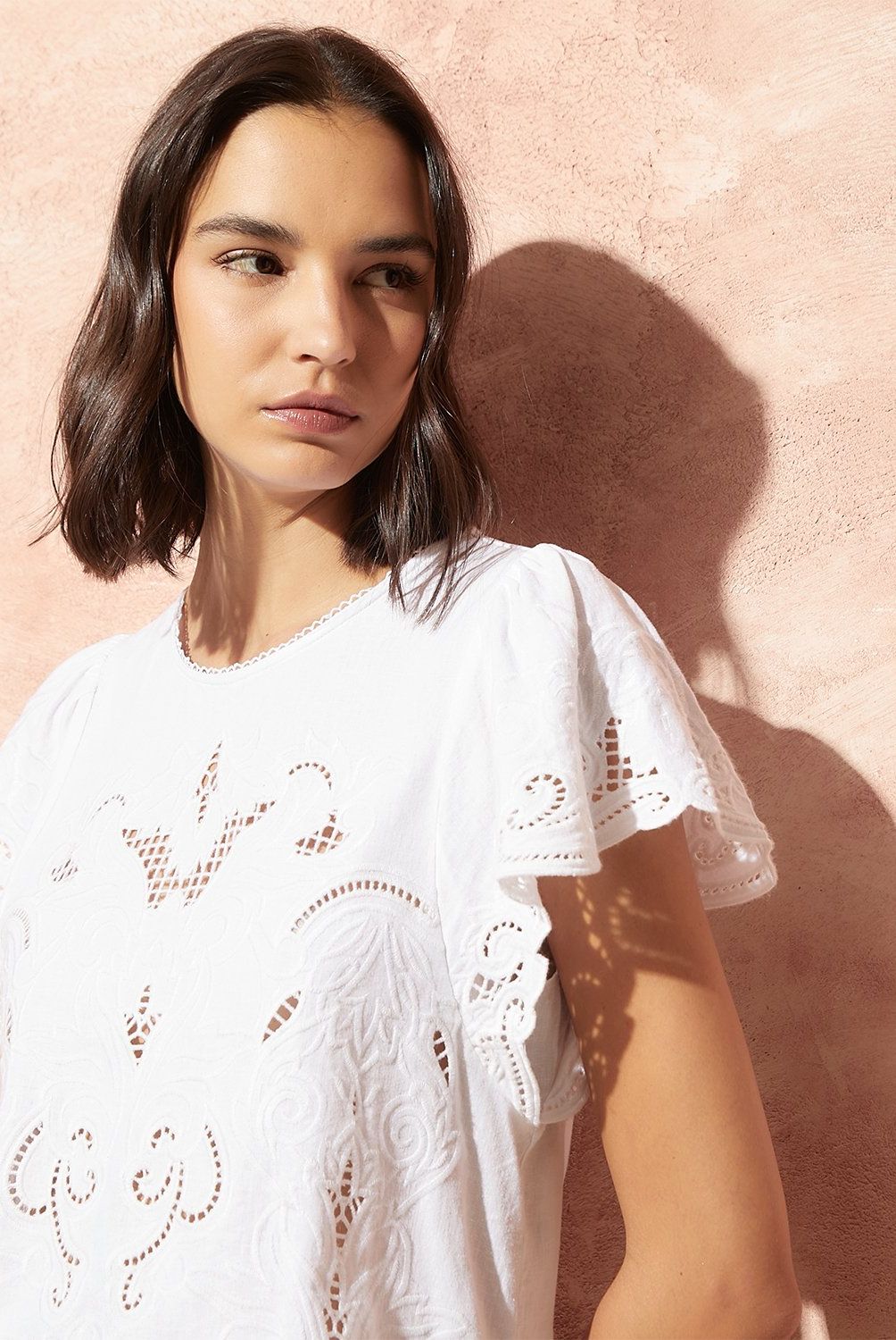 BASEMENT - Blusa Basement Lino Broderie Manga Corta Mujer