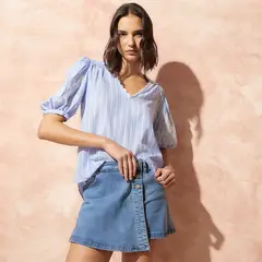 BASEMENT - Blusa Manga Globo Corta Mujer Algodón Rayas Bordado