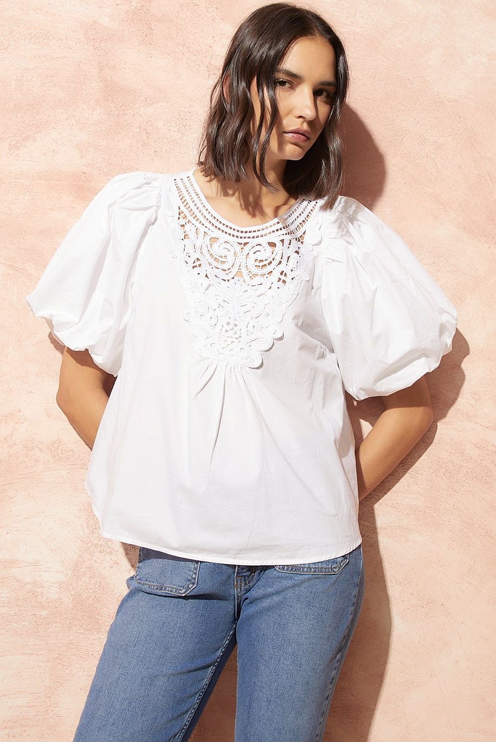 BASEMENT - Blusa Basement Algodón Manga Globo con Broderie Mujer