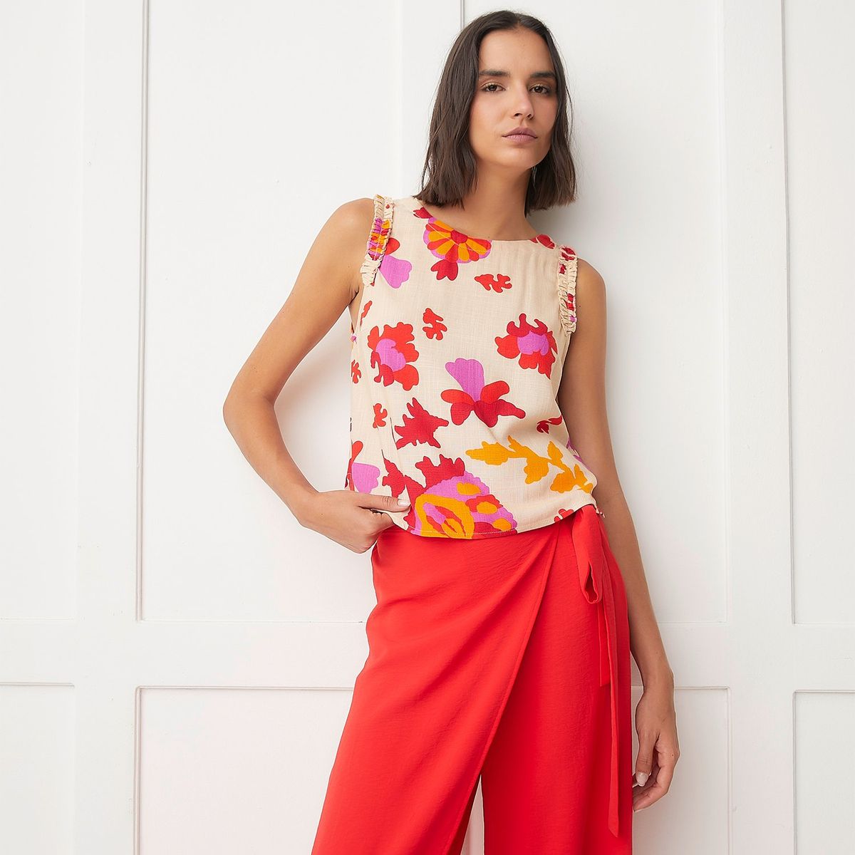 BASEMENT - Blusa Basement Mujer Sin Mangas Estampada Casual Viscosa y Lino