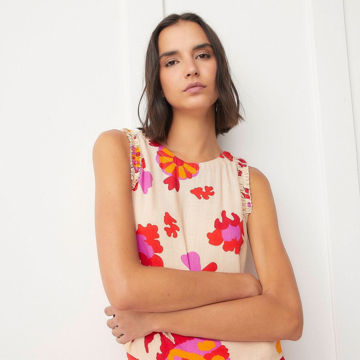 BASEMENT - Blusa Basement Mujer Sin Mangas Estampada Casual Viscosa y Lino