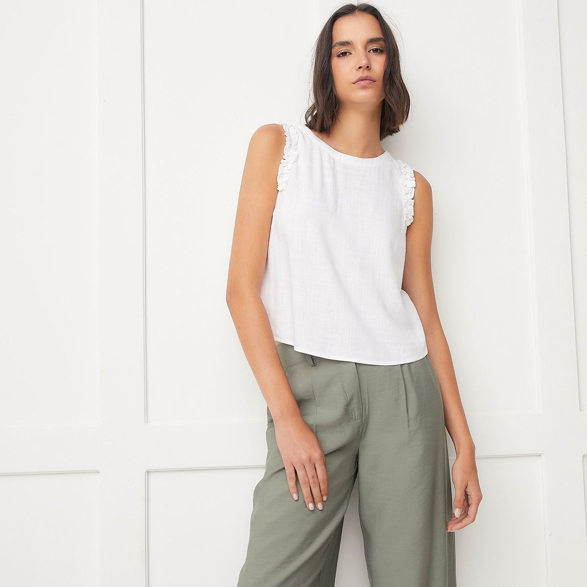 BASEMENT - Blusa Basement Mujer Sin Mangas Estampada Casual Viscosa y Lino