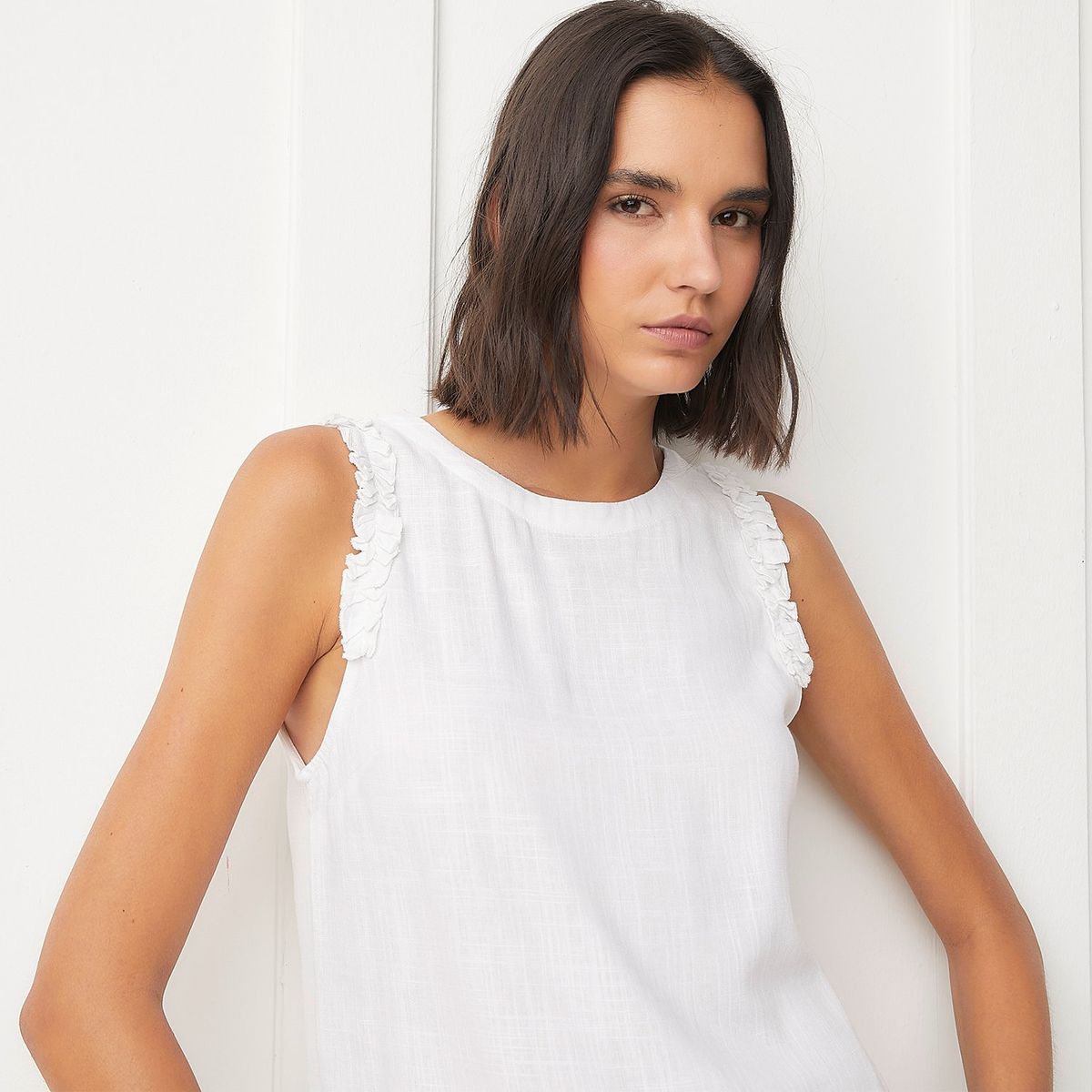 BASEMENT - Blusa Basement Mujer Sin Mangas Estampada Casual Viscosa y Lino