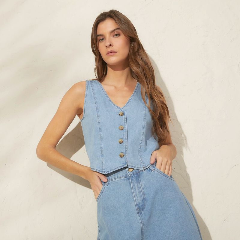 BASEMENT - Blazer Denim Basement Sin Mangas Diseño Liso Mujer