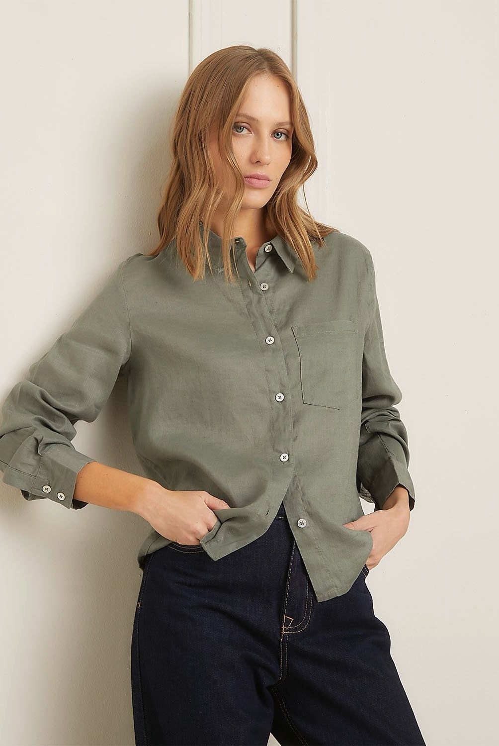 BASEMENT - Blusa Basement Lino Manga Larga Mujer