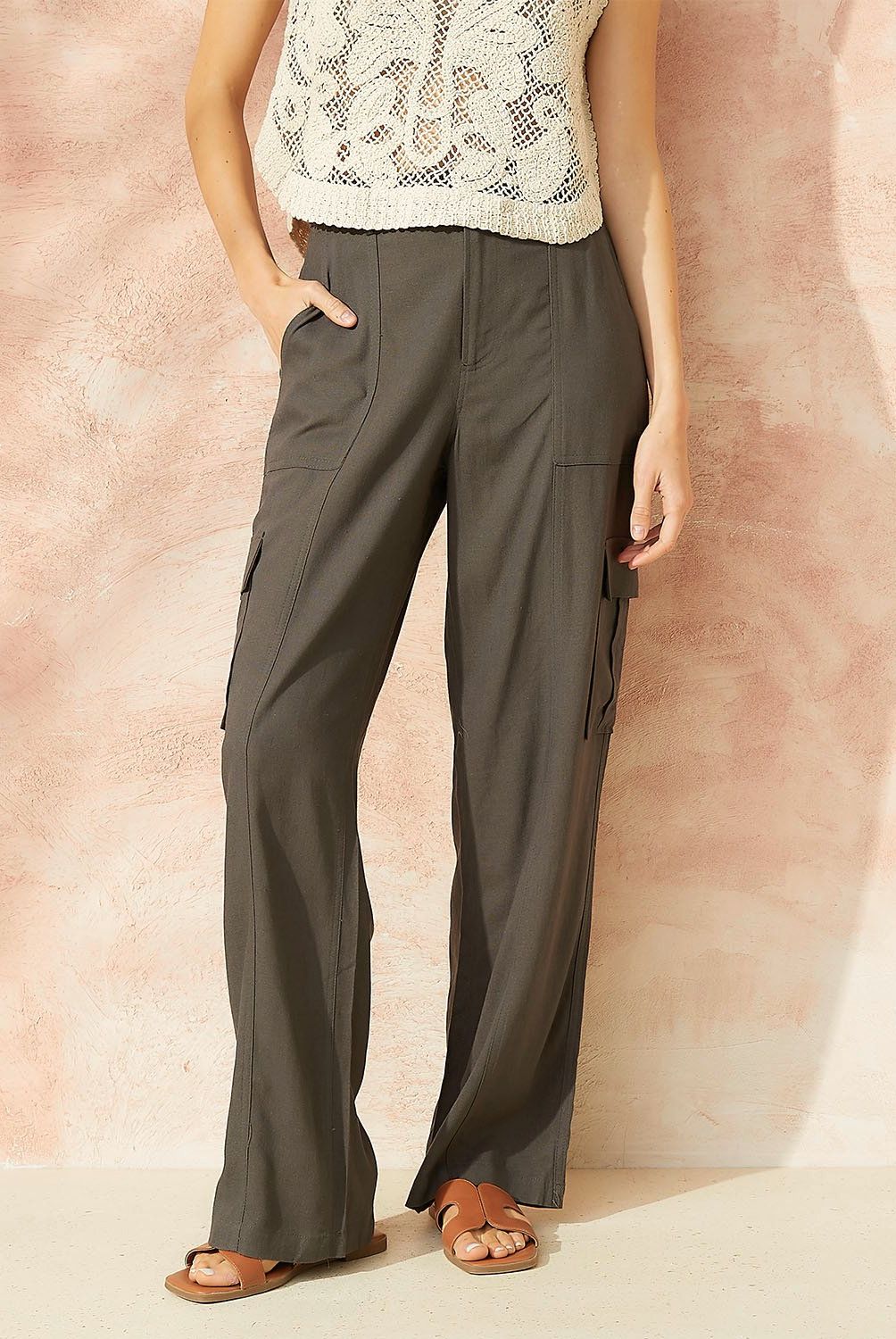 BASEMENT - Pantalón Cargo Wide Leg Lino Mujer Basement