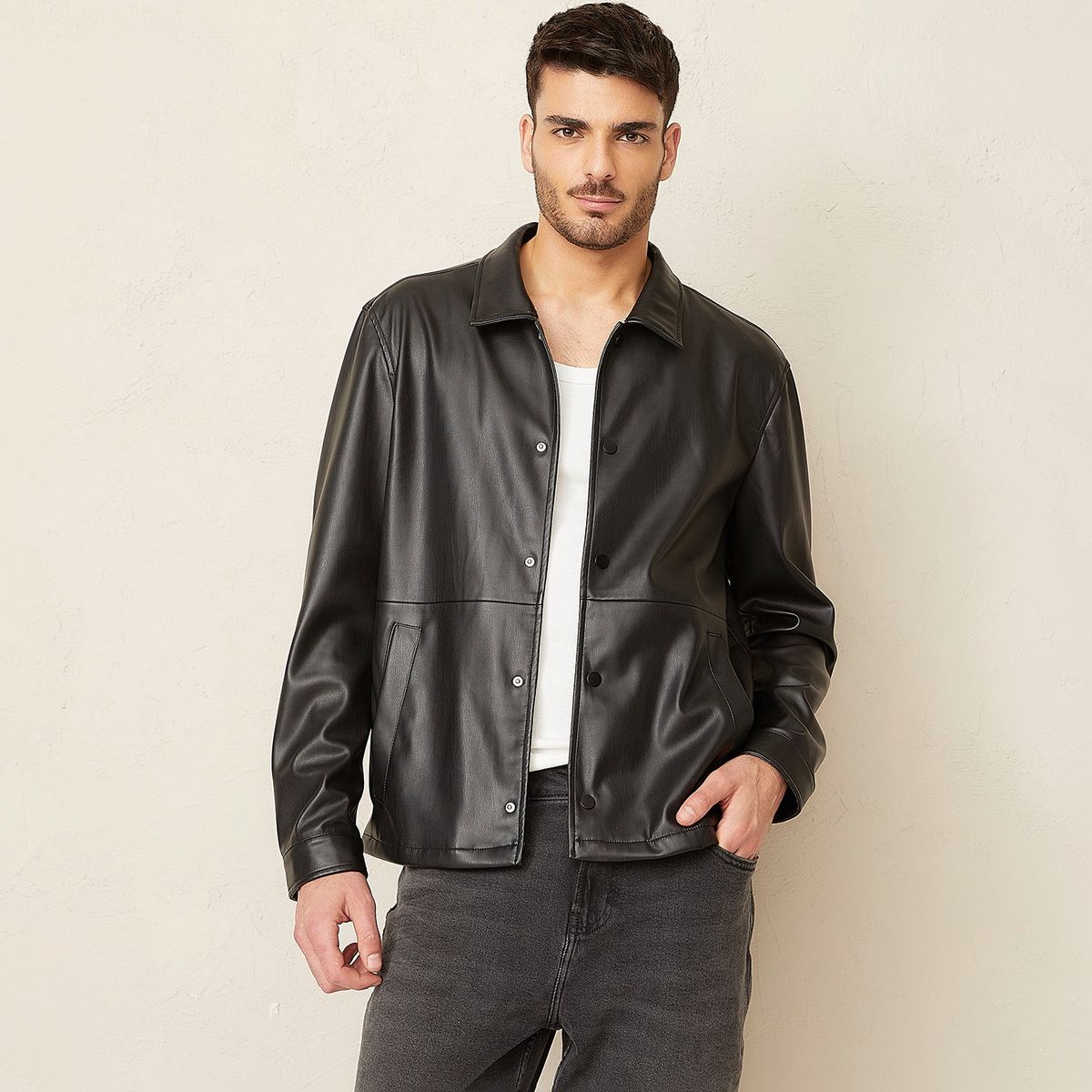 BASEMENT - Chaqueta Basement Hombre PU Cierre Broche Loose Fit