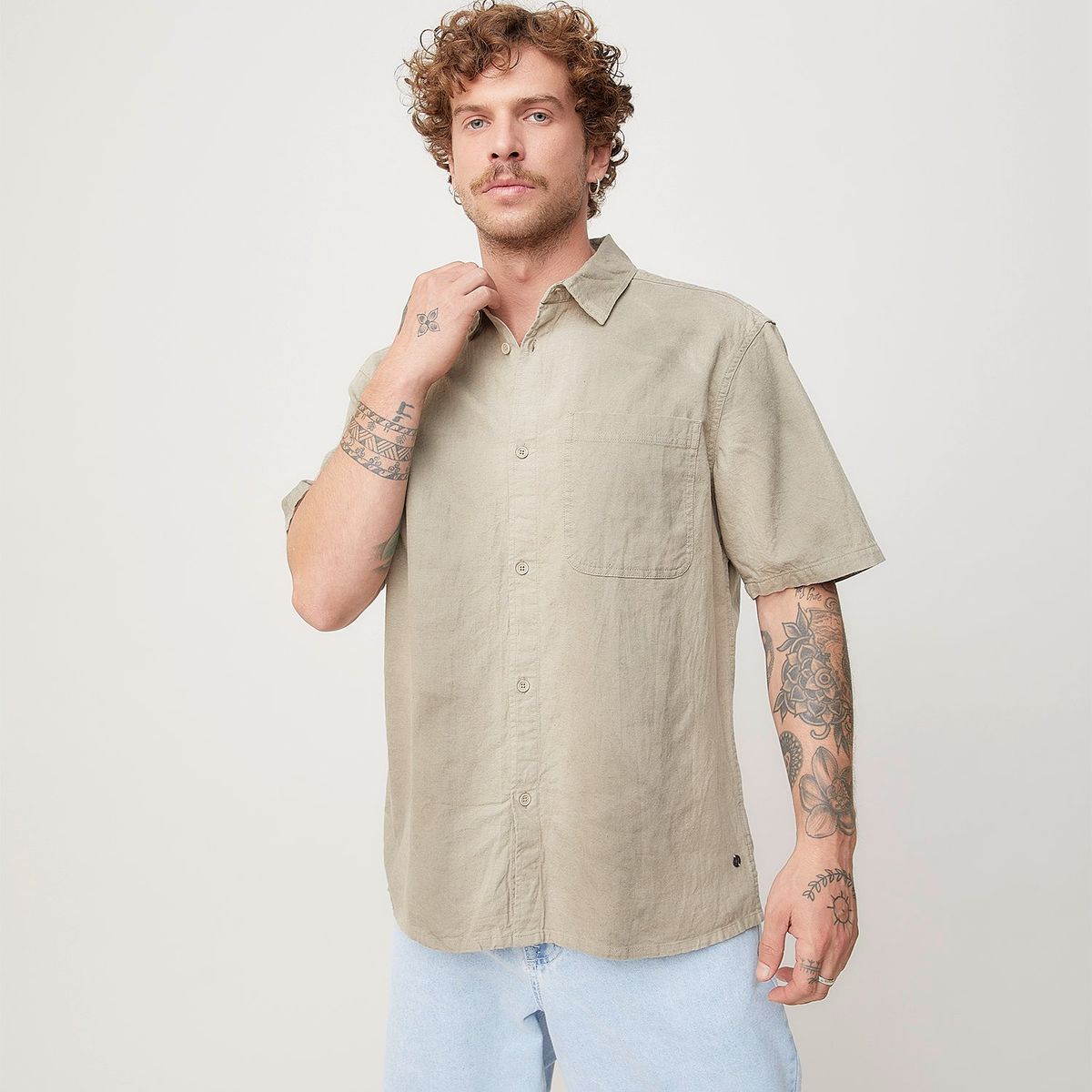 AMERICANINO - Camisa Casual Manga Corta Algodón Lino Hombre Americanino