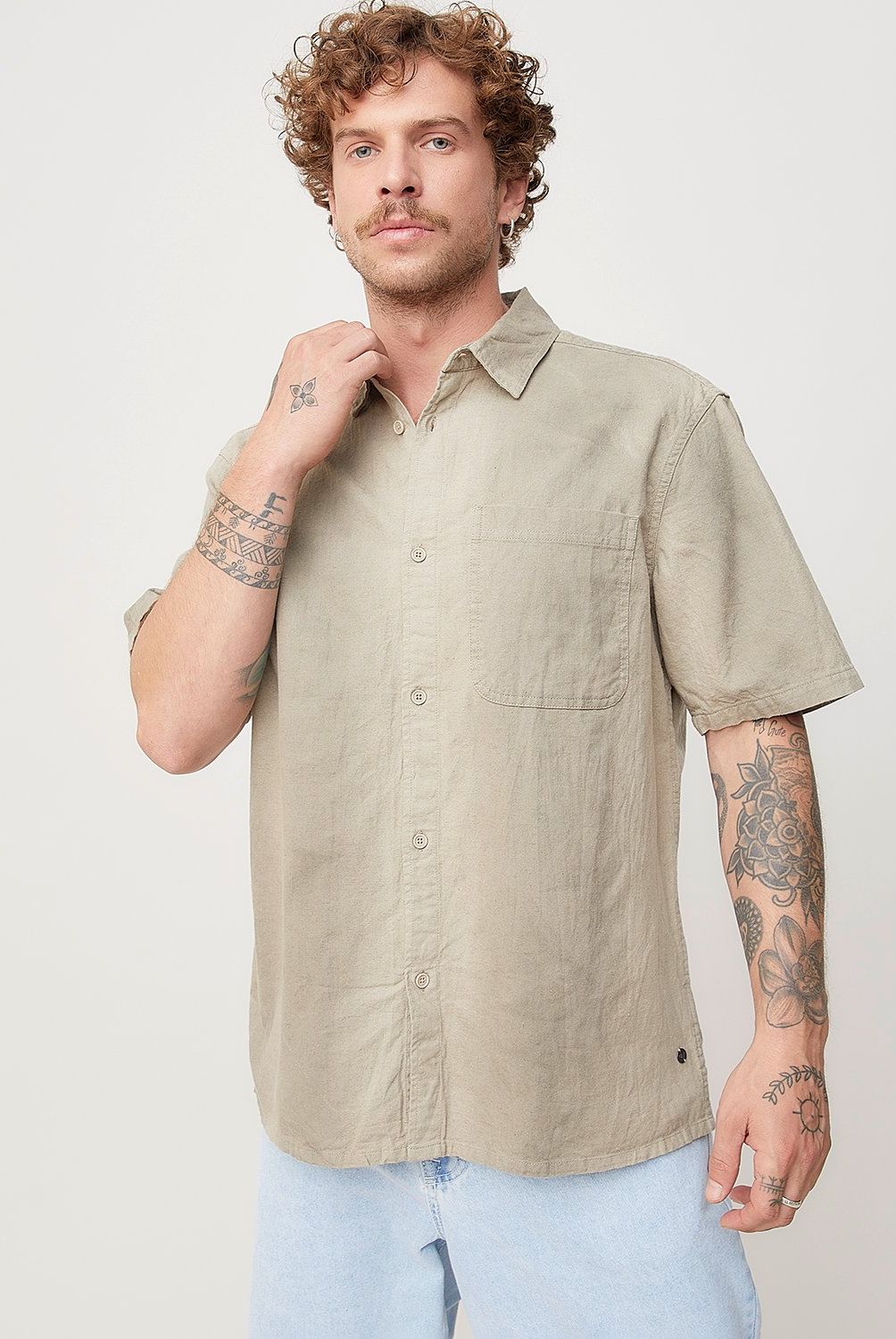 AMERICANINO - Camisa Casual Manga Corta Algodón Lino Hombre Americanino