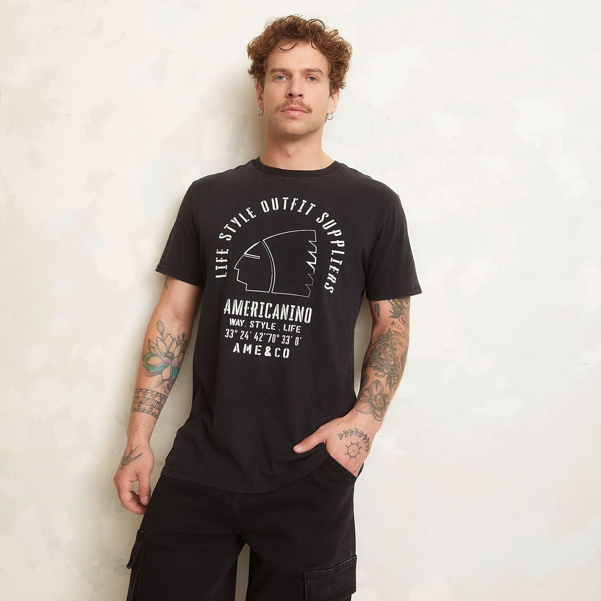 AMERICANINO - Polera Americanino Estampada Manga Corta Hombre Algodón