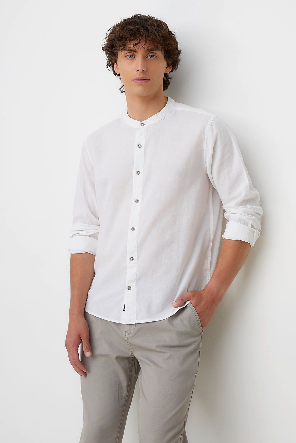 BEARCLIFF - Camisa Casual Manga Larga Bearcliff Algodón Cuello Mao Hombre