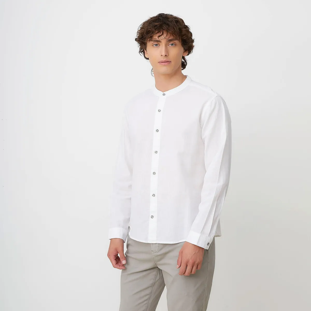 BEARCLIFF - Camisa Casual Manga Larga Bearcliff Algodón Cuello Mao Hombre