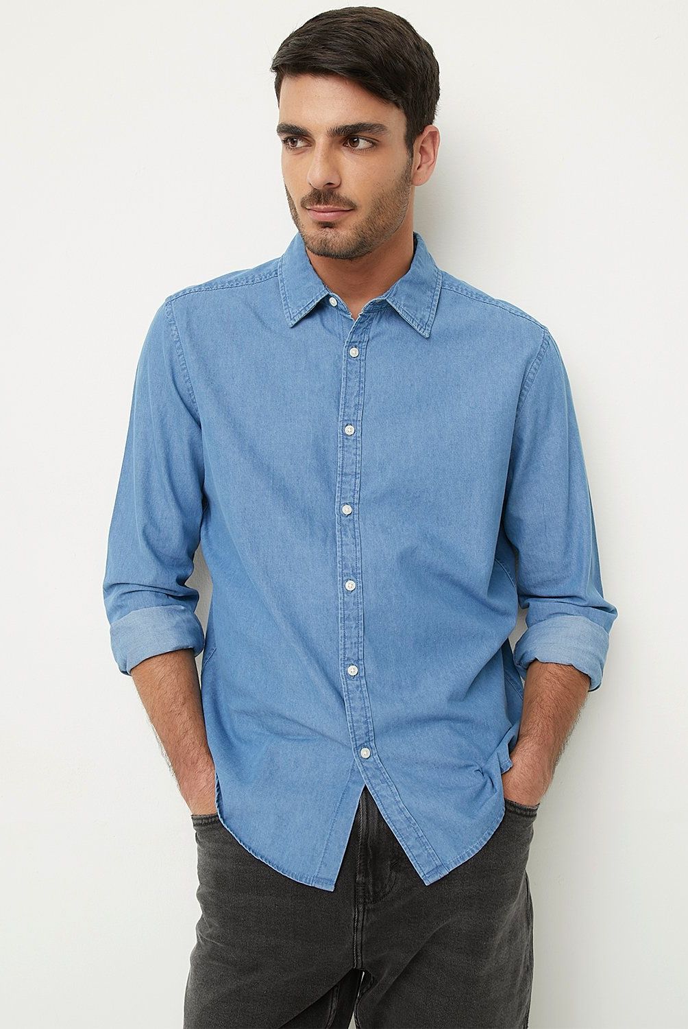 BASEMENT - Camisa Denim Manga Larga Slim Fit Hombre Basement