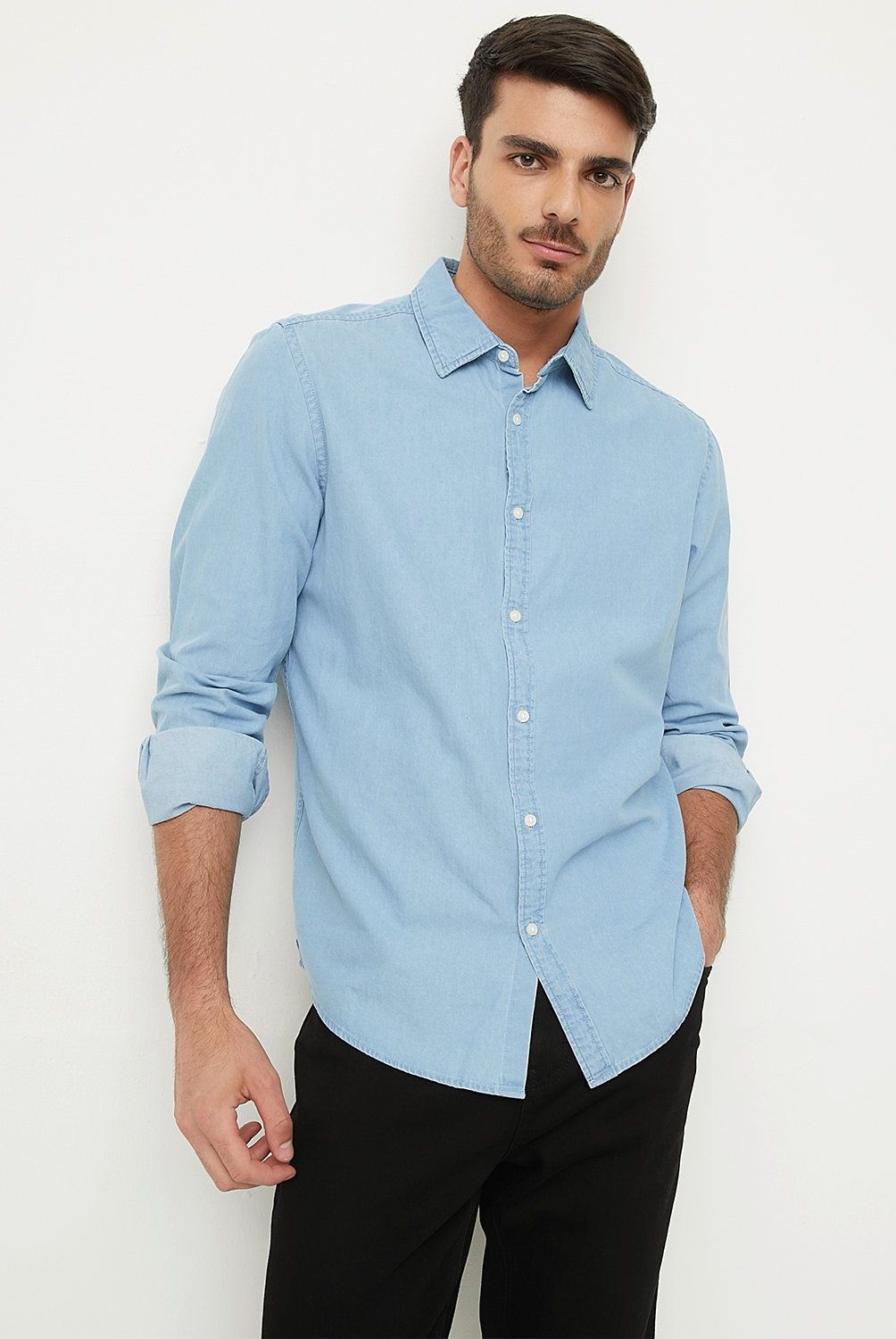 BASEMENT - Camisa Denim Manga Larga Slim Fit Hombre Basement