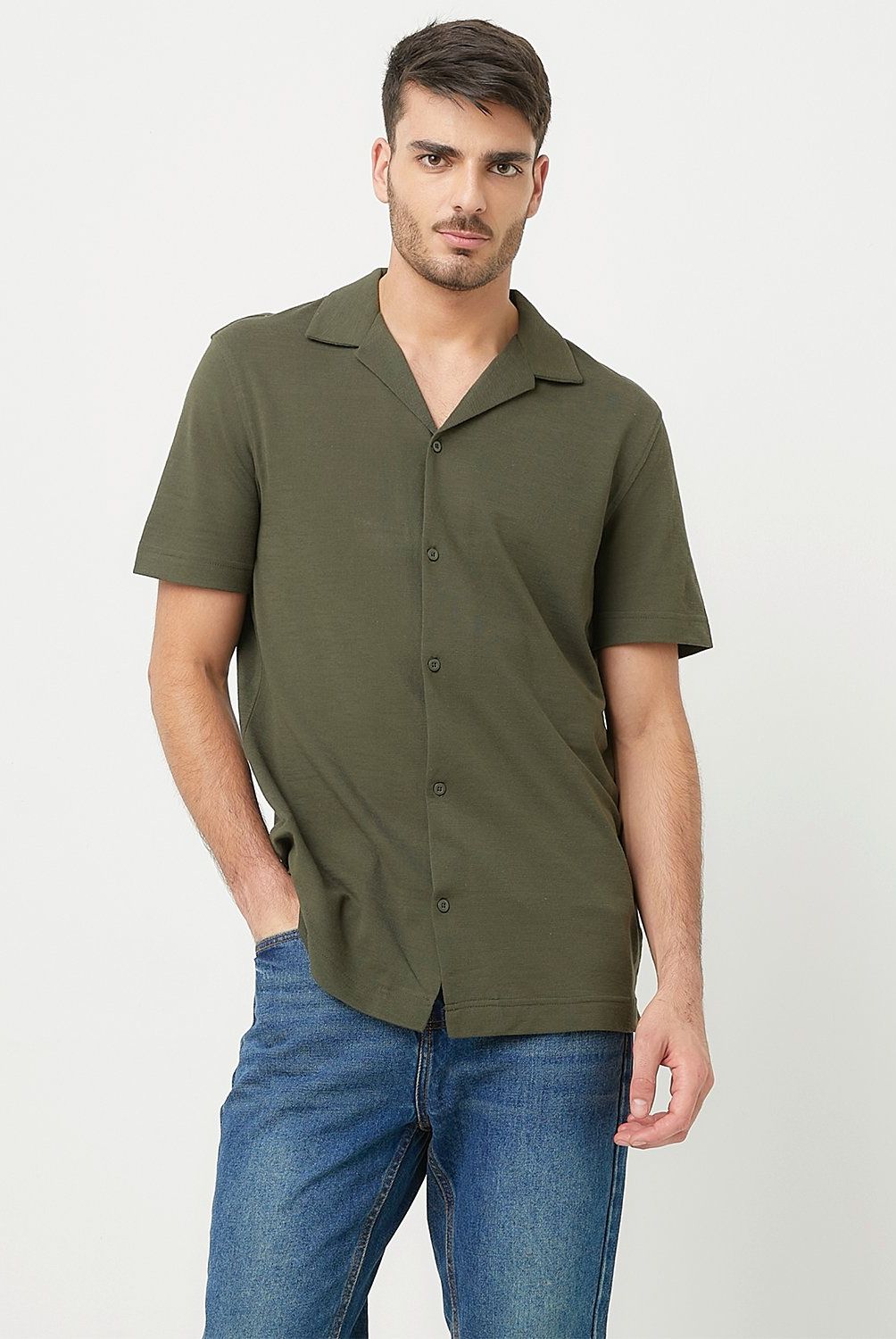 BASEMENT - Camisa Casual Manga Corta Hombre Basement Algodón Liso