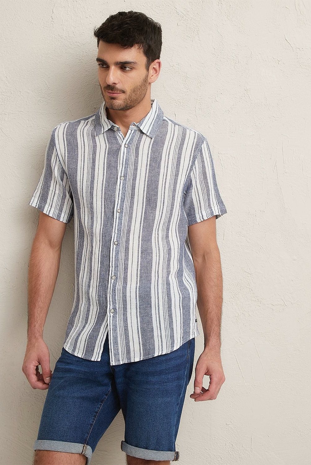 BASEMENT - Camisa Casual Lino a Rayas Manga Corta Hombre Basement