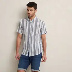 BASEMENT - Camisa Casual Lino a Rayas Manga Corta Hombre