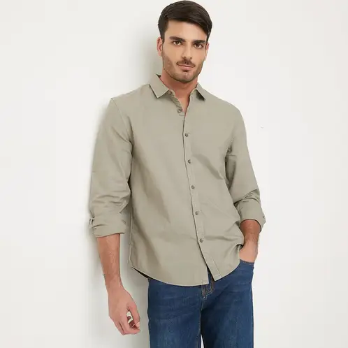 BASEMENT - Camisa Casual Hombre Algodón Slim Fit Manga Larga