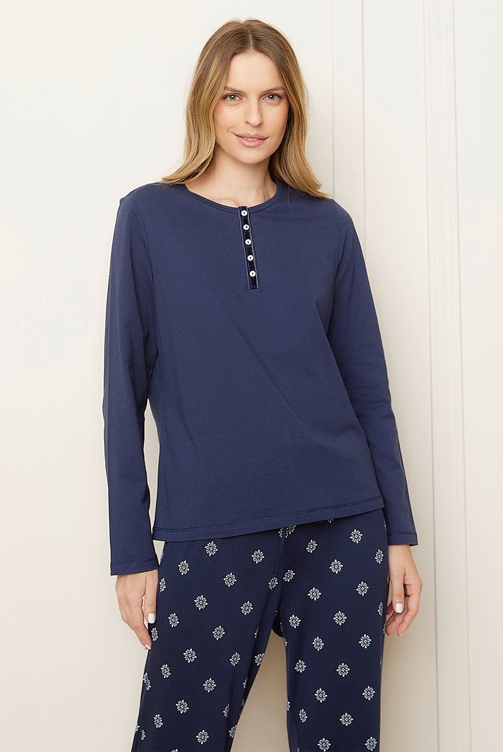 BLU - Polera de Pijama Mujer Blu Algodón Manga Larga con Botones