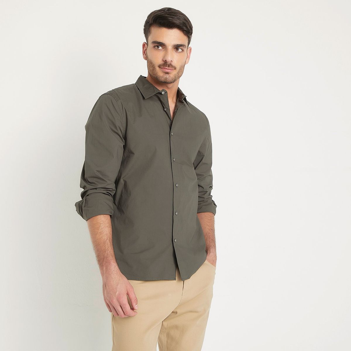 BASEMENT - Camisa Manga Larga Algodón Slim Fit Hombre Basement