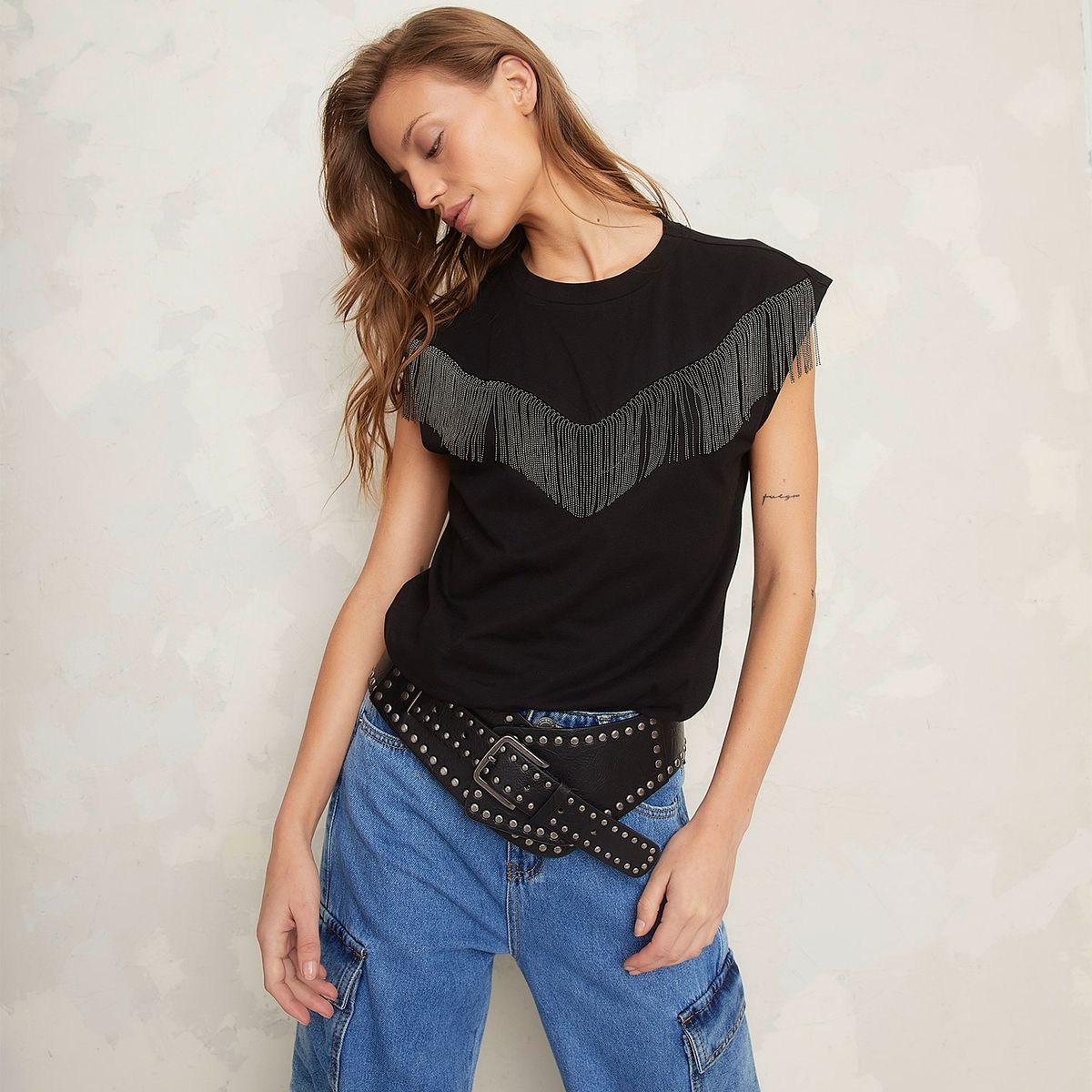 AMERICANINO - Polera Americanino Mujer con Flecos Algodón