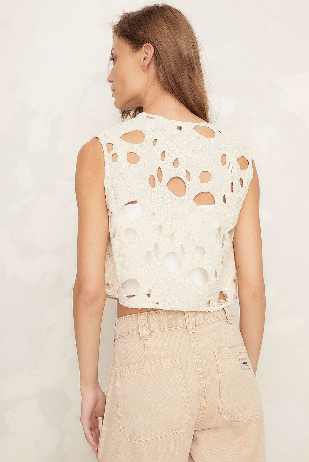AMERICANINO - Blusa Americanino Mujer Sin Mangas Diseño Liso Casual con Calados