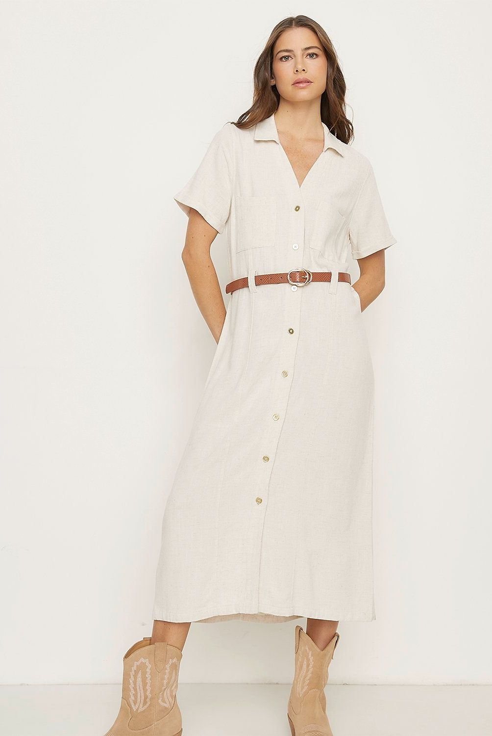 APOLOGY - Vestido Camisero Apology Mujer Manga Corta Casual Crudo