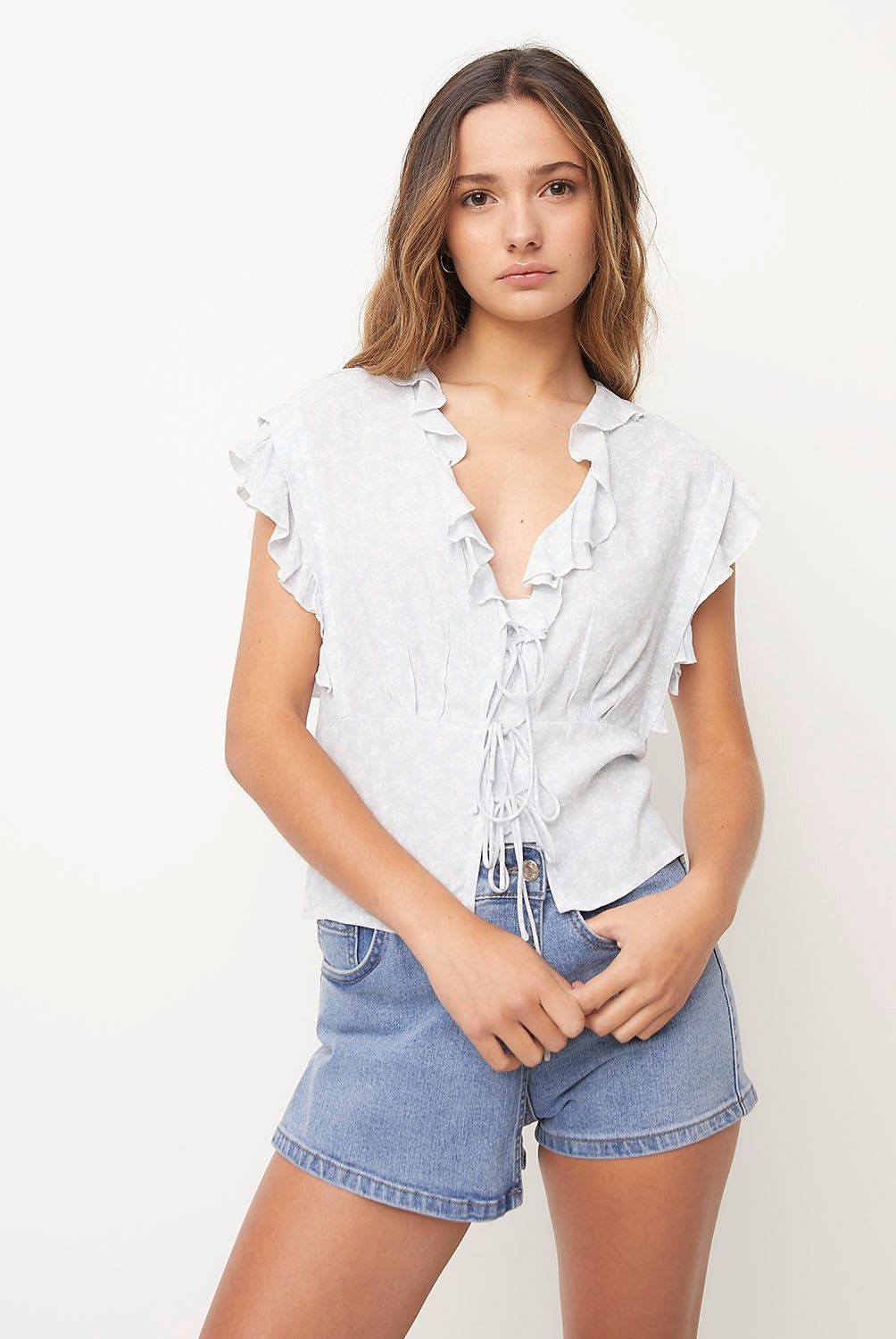 SYBILLA - Blusa Sybilla Mujer Casual Estampada Cuello V con Volantes