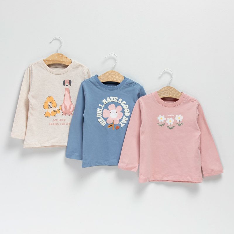 YAMP - Set de 3 Poleras Manga Larga Bebé Niña Yamp Algodón Estampadas