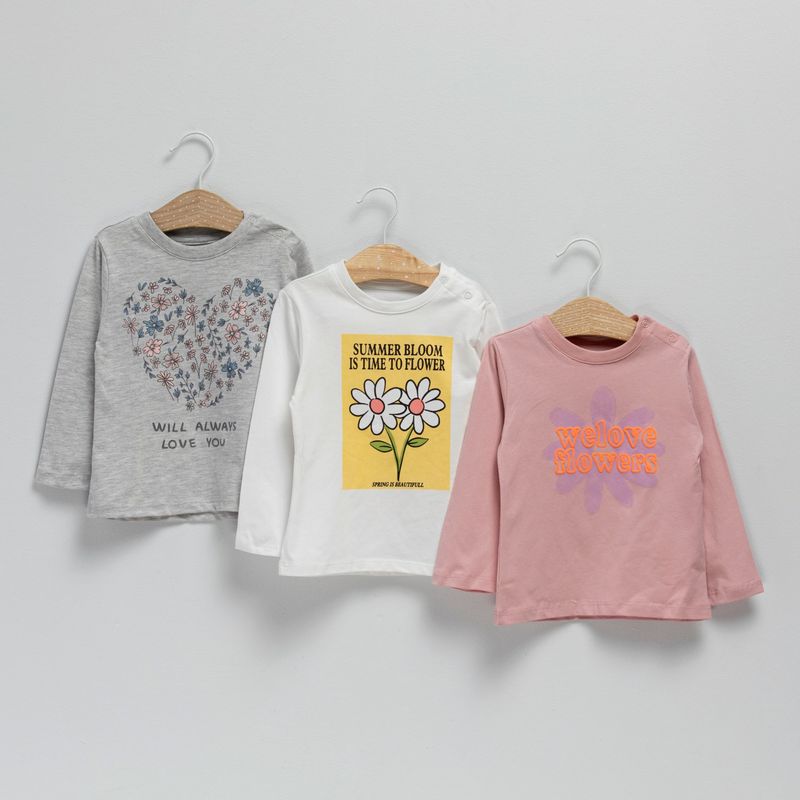 YAMP - Set de 3 Poleras Manga Larga Bebé Niña Yamp Algodón Estampadas