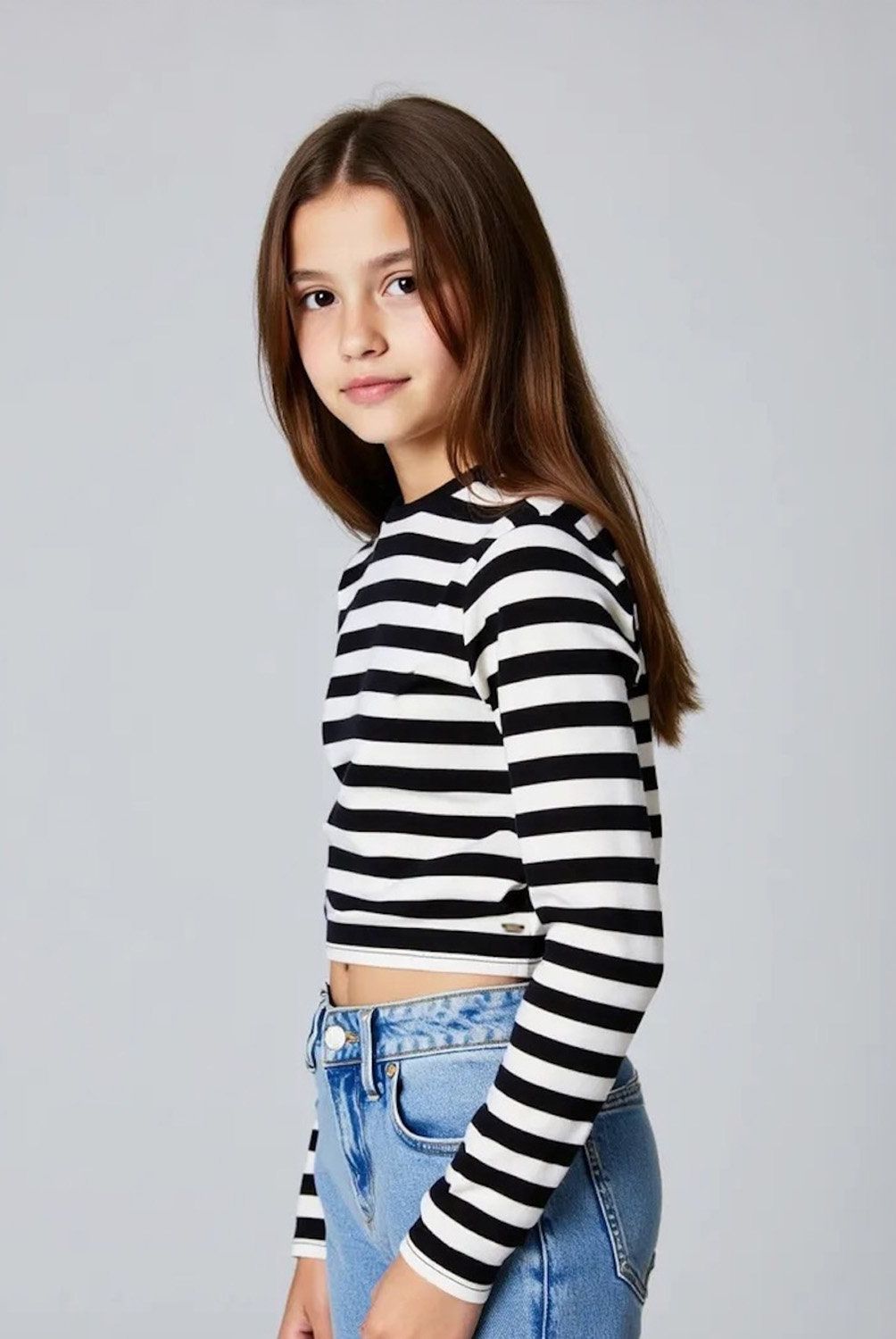 ELEVEN - Polera Casual Eleven Rayas Manga Larga Niña Algodón Crop Fit